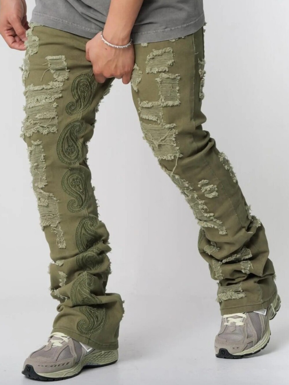Thrt Denim Mens Olive Distressed Embroidered Jeans